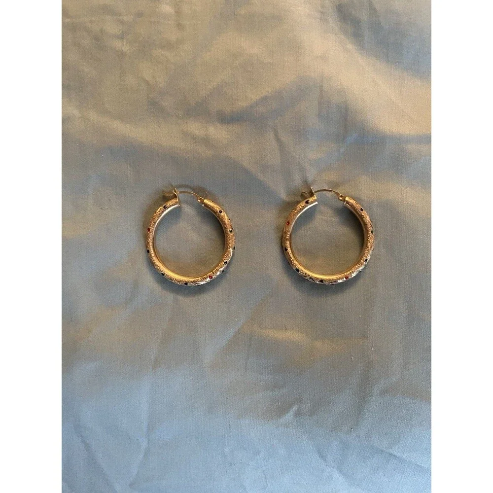 14K YELLOW GOLD MULTI-COLOR DROP  EARRINGS RED GREEN BLUE  HOOP LOOP 6.2G GRAM